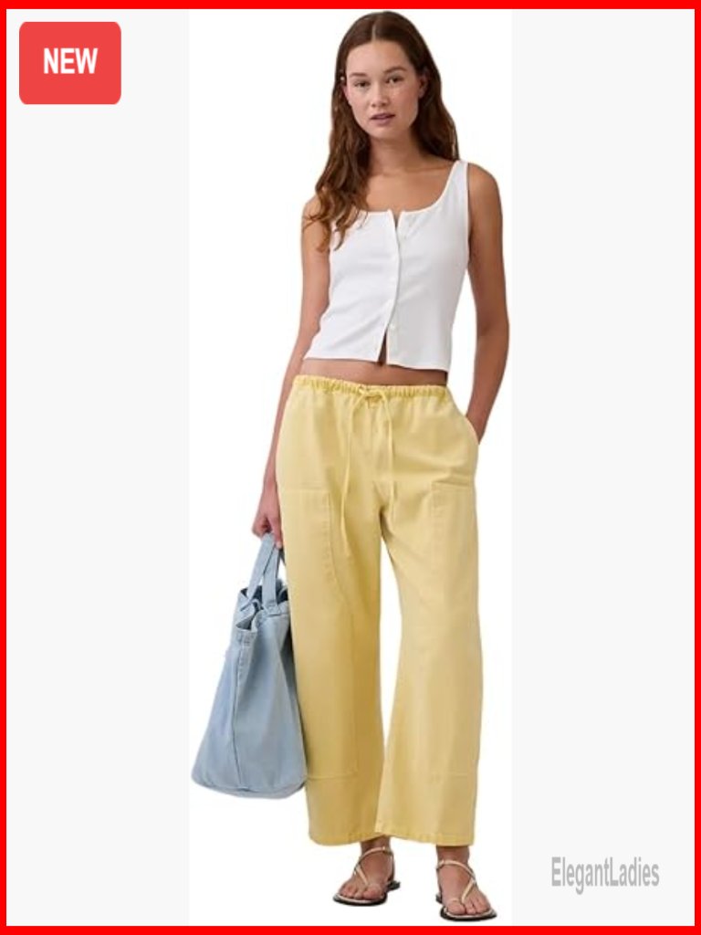 Pull-On Barrel Pants, Mid Rise Ankle Slacks, Cotton Blend Lightweight